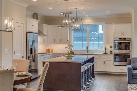 Lilac/Wesley Place - Shaker cabinet door with herringbone tile backsplash